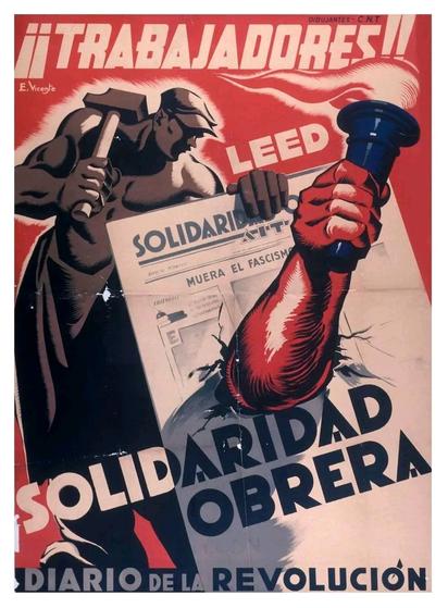 Trabajadores leed Solidaridad Obrera diario de la Revolución

Una persona trabajadora con un martillo sujeta un ejemplar de Solidaridad Obrera atravesado por un brazo con una antorcha