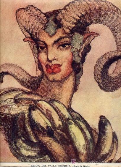 A young satyr with enormous ram's horns and large animal ears, dark hair, very full red lips and a long neck. The visible parts of his upper body appear to be draped with banana trees.
