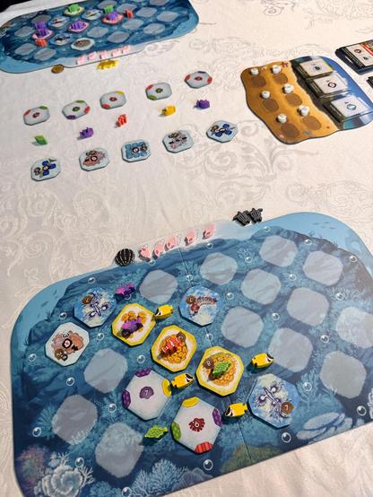 Das Bild zeigt eine Spielbrett-Anordnung auf einer weißen Oberfläche. Im Vordergrund befindet sich ein blaues, sechseckiges Spielbrett mit einem Muster, das eine Wasseroberfläche darstellen könnte. Auf dem Brett befinden sich mehrere sechseckige Spielsteine in verschiedenen Farben (lila, rot, gelb, orange) mit Bildern von Meerestieren und Zahlen darauf.

Oben links befindet sich ein weiteres blaues sechseckiges Brett, das etwas kleiner ist und mit ähnlichen Spielsteinen bestückt ist. Oben rechts befindet sich ein rechteckiges, beiges Brett mit kleineren, runden Spielsteinen in verschiedenen Farben. Beide Bretter sind auf einem weißen Hintergrund platziert. Viele der Spielsteine sind verteilt und scheinen nicht direkt auf den Brettern platziert zu sein. Auf dem beigen Brett befindet sich Text, der "4" und "5" enthält.