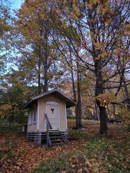 Pieni vaaleankeltainen mökki, jonka ovessa on pieni sydämenmuotoinen aukko, keskellä vaahterametsikköä.