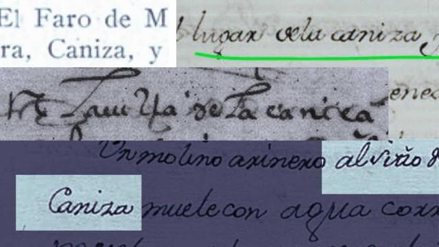 Rexistos documentados do uso do topónimo Caniza desde o Medievo. (Foto: RAG)