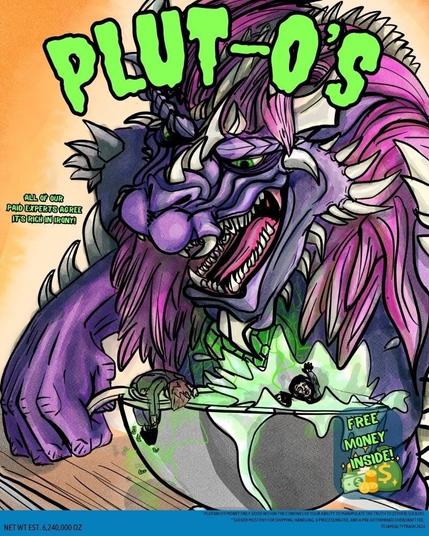 A colorful comic-style cover titled "PLUT-O'S," featuring a large purple creature with sharp features and a mischievous grin. It is holding two small characters who appear to be struggling in a green, glowing bowl. The text includes playful phrases about being rich in irony and free money inside but only for suckers. The men have coins and bills falling around them and the creature has a glowing green gem in its chest.