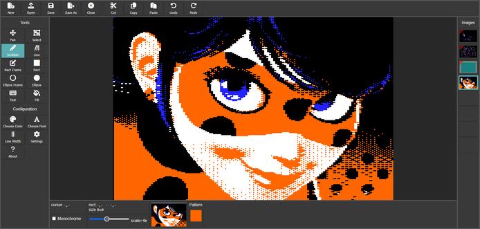 The HGRTool interface, it's a drawing app and the current displayed picture is a 4 color conversion of Ladybug from the show Miraculous.