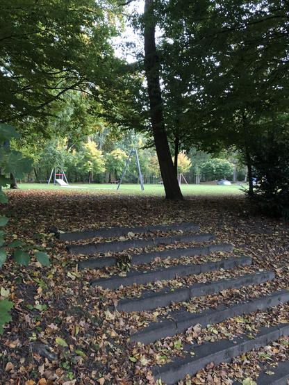 Eine Treppe zu einem Spielplatz  mit verschiedenen Spielgeräten. Bäume stehen drumherum, die Treppe liegt voll Blätter.