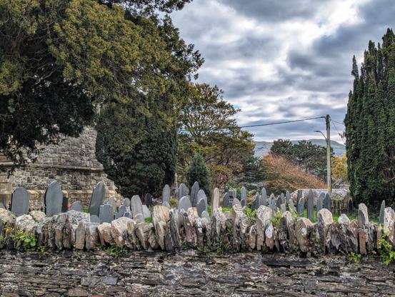 A serene view of an old graveyard, enclosed by a rustic stone wall. The gravestones, varying in size and shape, are arranged in neat rows, with some slightly tilted or weathered. The scene is framed by lush greenery, including tall trees and overgrown ivy, adding a sense of tranquillity. In the background, rolling hills and a cloudy sky create a peaceful, rural atmosphere. The image captures the quiet beauty and historical charm of the location.