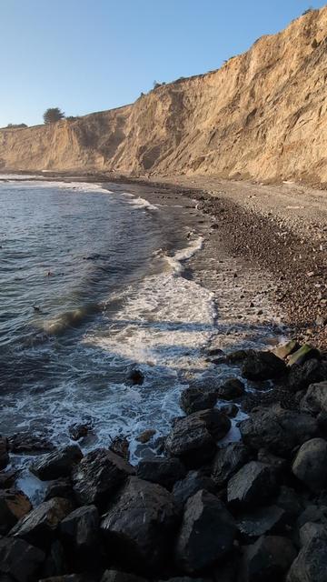 A tall cliff drops down onto an exposed low tide rocky beach. Ocean waves roll in from the left.