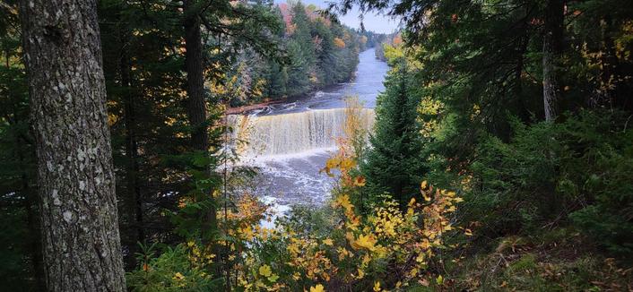 A look downstream of a river, but from a higher elevation and through an opening framed by many trees and pines. Straight in the middle is the Tahquamenon Falls.
There are specs of fall colors all along the riverside.