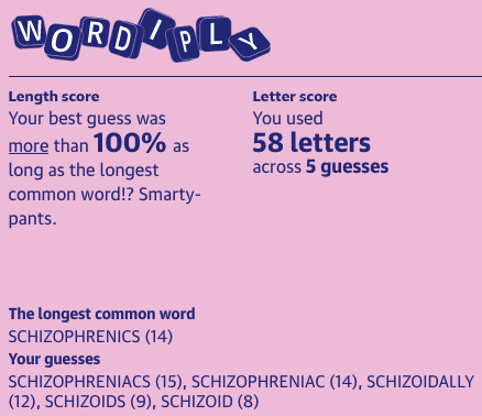 The longest common word:
SCHIZOPHRENICS (14)