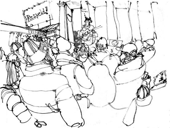 Tuschezeichnung einer Demonstration, Schilder: “Wir sind das Stadtbild”, “FCK MRZ”