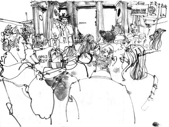 Tuschezeichnung einer Demonstration vor dem Brandenburger Tor, Schilder: “Respekt”