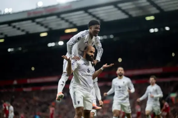 Bryan Mbeumo celebrating his goal against Liverpool at Anfield - Has Manchester United's Win Against Liverpool Saved Amorim his Job - Mania Africa