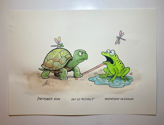 A coloured ink painting of two amphibians: a turtle and frog face off, amid iridescent dragon flys. The frog is shocked to have its long tongue pulled tight by the angry turtle stomping and holding it to the ground.