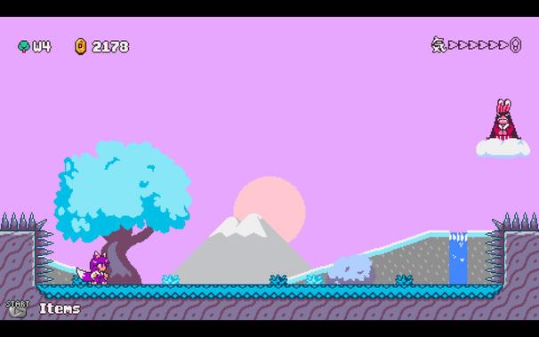 Alt text: In a pixelated scene from Kitsune Tails, two young women are featured prominently. The character on the left stands near a large, glowing tree under a purple sky with clouds and mountains visible in the background. On the right, another character is captured mid-jump over a rocky cliff that has a small pool of water at its base.