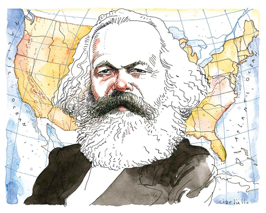 Illustration by Joe Ciardiello: portrait of Marx against a background map of the United States
