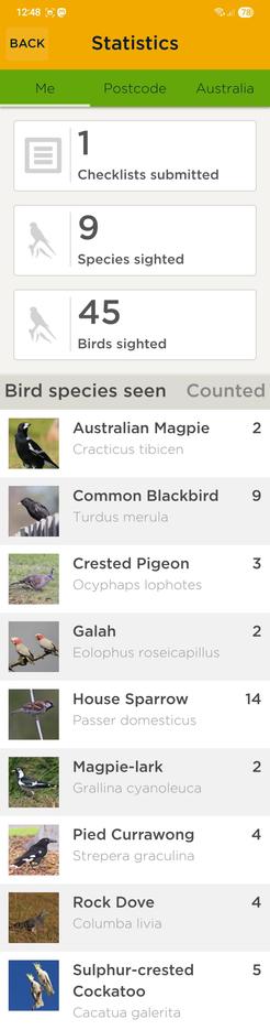 My bird count for today:
Date: Monday 20 October 2025
Time: 12:13 pm
Duration: 20 minutes
Observers: 1
Sightings:
House Sparrow × 14
Crested Pigeon × 3
Australian Magpie × 2
Rock Dove × 4
Galah × 2
Common Blackbird × 9
Magpie-lark × 2
Sulphur-crested Cockatoo × 5
Pied Currawong × 4