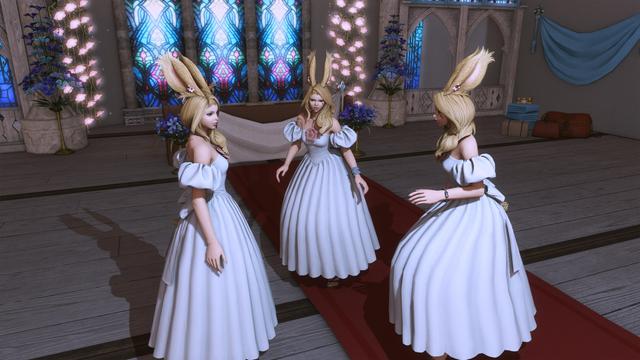 Three blonde Viera women, all wearing identical white off-the-shoulder wedding dresses, are standing on a red carpet in a chapel. This setup is a direct recreation of the "Spider-Man Pointing at Spider-Man" meme, created during one of The Firebird Theatre's rehearsals of its upcoming production of "My Rightful Groom." The central Viera is played by Leo Stella.