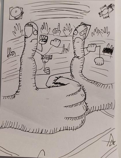 Two hands locked in a thumb war where the thumbs are getting ready to beat each other up, with a crowd of hands watching them