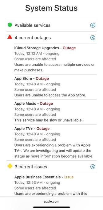 Apple system status page showing 4 outages in red (iCloud storage upgrades, App Store, Apple Music, Apple TV+) and 3 additional "issues" in yellow.