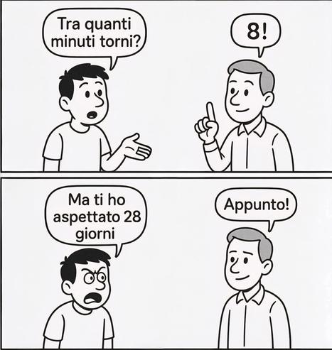 Un ragazzo chiede ad un altro ragazzo: "Tra quanti minuti torni?"
L'altro risponde: "8!"
Il primo ribatte contrariato: "Ma ti ho aspettato 28 giorni!"
L'altro risponde: "Appunto!"