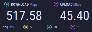 Ookla Speedtest results, for my shiny new NBN FttP connection:
Download Mbps 517.58
Upload Mbps 45.40
Ping ms 5 
Download Latency ms 63
Upload Latency ms 7