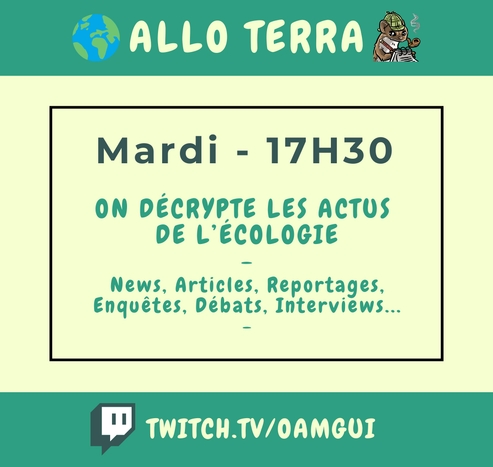 Visuel pour annoncer un live sur la chaîne Twitch de OamGui.  Haut de l’image : Bandeau vert avec texte en lettres majuscules claires : « Allo Terra ». Une emote de planète est présente à gauche et une de fouine écrivant sur un carnet de note à droite.  Centre de l’image : Fond clair avec un cadre vert foncé. Dedans on peut lire en haut, écrit en vert foncé : "Mardi - 17H30", puis en-dessous en vert clair : "On décrypte les actus de l'écologie - News, Articles, Reportages, Enquêtes, Débats, Interviews..."  Bas de l’image : Bandeau vert foncé avec le logo Twitch à gauche et l’adresse de la chaîne en lettres majuscules : TWITCH.TV/OAMGUI