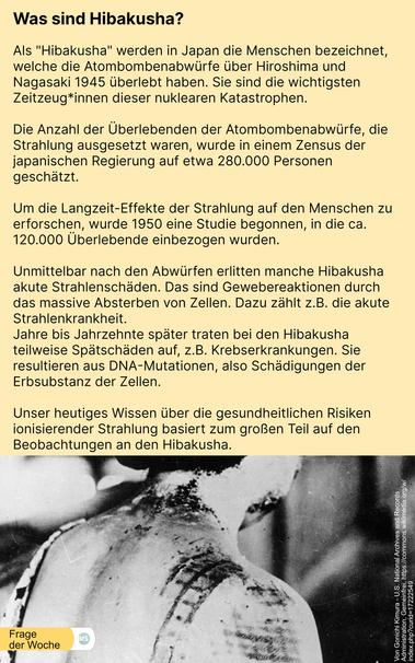 Frage der Woche: Was sind Hibakusha?

Als "Hibakusha" werden in Japan die Menschen bezeichnet, welche die Atombombenabwürfe über Hiroshima und Nagasaki 1945 überlebt haben. Sie sind die wichtigsten Zeitzeug*innen dieser nuklearen Katastrophen. 

Die Anzahl der Überlebenden der Atombombenabwürfe, die Strahlung ausgesetzt waren, wurde in einem Zensus der japanischen Regierung auf etwa 280.000 Personen geschätzt.

Um die Langzeit-Effekte der Strahlung auf den Menschen zu erforschen, wurde 1950 eine Studie begonnen, in die ca. 120.000 Überlebende einbezogen wurden. 

Unmittelbar nach den Abwürfen erlitten manche Hibakusha akute Strahlenschäden. Das sind Gewebereaktionen durch das massive Absterben von Zellen. Dazu zählt z.B. die akute Strahlenkrankheit.
Jahre bis Jahrzehnte später traten bei den Hibakusha teilweise Spätschäden auf, z.B. Krebserkrankungen. Sie resultieren aus DNA-Mutationen, also Schädigungen der Erbsubstanz der Zellen. 

Unser heutiges Wissen über die gesundheitlichen Risiken ionisierender Strahlung basiert zum großen Teil auf den Beobachtungen an den Hibakusha.