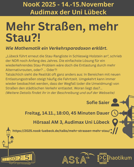 Oben steht "NooK 2025 - 14.-15.November - Audimax der Uni Lübeck".
Dann kommt die Überschrift "Mehr Straßen, mehr Stau?!" mit dem Untertitel "Wie Mathematik ein Verkehrsparadoxon erklärt." und weiteren Details zum Vortrag.
Beschreibungstext: "„Lübeck führt erneut die Stau-Rangliste in Schleswig-Holstein an“, schrieb der NDR noch Anfang des Jahres. Die einfachste Lösung für ein wiederkehrendes Stau-Problem wäre doch die Entlastung durch mehr Alternativrouten, oder? … Oder?!
Tatsächlich sieht die Realität oft ganz anders aus: In Bereichen mit neuen Entlastungsstraßen steigt häufig die Fahrtzeit. Umgekehrt kann immer wieder beobachtet werden, dass der Wegfall (oder die Umwidmung) von Straßen den städtischen Verkehr entlastet. Woran liegt das?…"
Dann der Hinweis: "Weitere Details findet ihr in der Beschreibung und auf der Webseite"
Folgende Informationen sind außerdem zum Vortrag gegeben:
Speaker: Sofie Saier
Zeit: Freitag, 14.11., 18:00, 45min Dauer
Ort: Hörsaal AM3, Audimax Uni Lübeck
Website: https://2025.nook-luebeck.de/talks/mehr-strassen-mehr-stau/
Unten im Bild ist das Logo der NooK, das Uni-Luebeck-Audimax mit einer 2025 auf den Glasfenster und eine Laternenstange mit drei Gaslaternen. Daneben das Logo des AStA der Uni Lübeck und des Chaotikums.