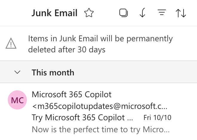 email from from "Microsoft 365 Copilot" in the Outlook spam folder