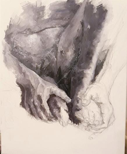 Painting study for a body part of a male art model holding his penis in his hand