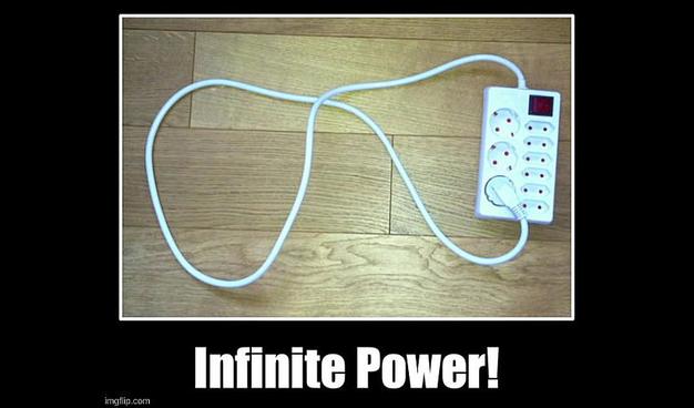 A multiplug plugged into itself; 
text reads „Infinite Power!“