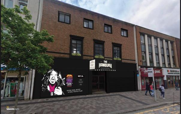 Artist’s impression of The Hanbury pub showing a black‑painted exterior with a large mural design and new signage as part of the Kingsway regeneration.