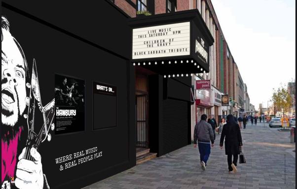 Artist’s impression of The Hanbury pub showing a classic marquee canopy with illuminated sides listing bands and events, set against a black exterior.