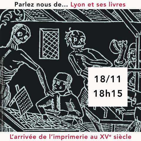 L’image représente un atelier d’imprimeur. Des squelettes accompagnent les artisans de l’atelier.
Référence : Grant danse macabre des hommes et des femmes, Lyon, Mathias Huss, 1499, fol. b1. Conservé à la Princeton University Library