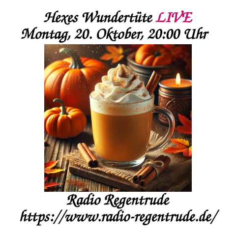 🇩🇪 Plakat zur heutigen Radiosendung mit LIVE-Moderation „Hexes Wundertüte“. Bild (ohne Text): Pixabay, kein Bildquellennachweis erforderlich.

🇬🇧 Poster with details of today's radio show /w presenter „Hexe’s goodie bag“.  Image (without text): Pixabay, no image creds needed.
