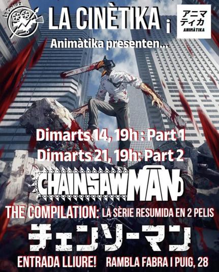 Cartell de la projecció de ChainsawMan, un anime amb un jove que té motoserres que li surten dels braços i el cap també és una motoserra amb dents.