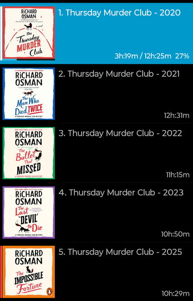 Covers of the Thursday Murder Club book series so far. 5 audiobooks.