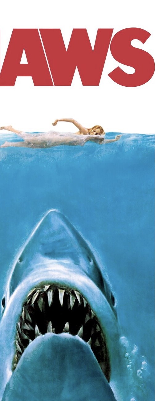 L'affiche de "Jaws" (un requin en dessous d'une nageuse) recardée pour ne laisser que "aws".