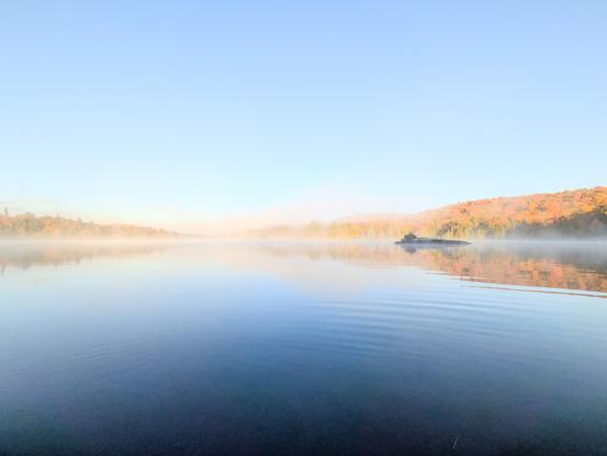 Soft morning fog blankets the lake, with hints of autumn colors on the shore.