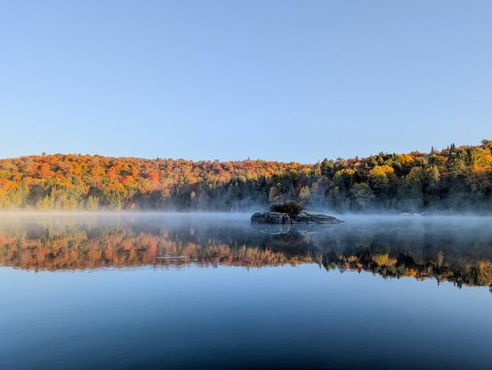 A rocky outcrop emerges from the misty lake, surrounded by brilliant fall trees.