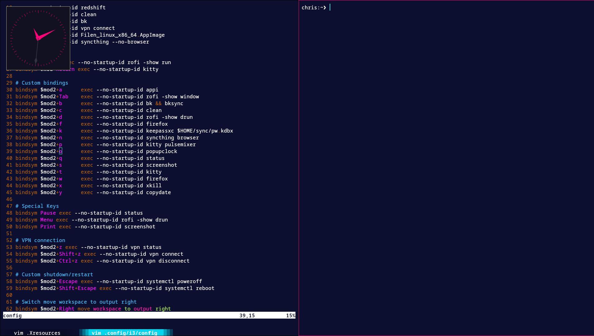 Screenshot of an i3 Desktop, featuring an analogue clock in the top-left corner.
