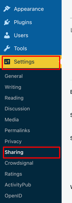 An image that highlights Settings and Sharing on the dashboard of a WordPress blog.