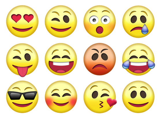 A table of 12 emoji showing stylized faces displaying various emotions and moods
