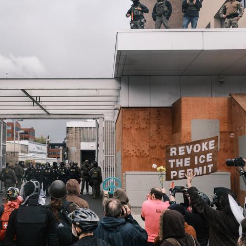 Police cleared the block near an Immigration and Customs Enforcement detention center in Portland, Ore., last week.