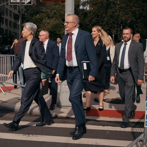Prime Minister Anthony Albanese of Australia, center right, in New York, in September. He is scheduled to meet President Trump at the White House on Monday.