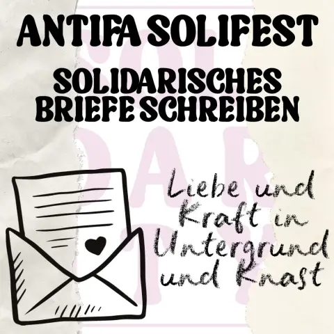 Kachel mit einem Brief-Symbol, der Überschrift "Antifa Solifest. Solidarisches Briefeschreiben" und der Unterzeile "Liebe und Kraft in Untergrund und Knast"