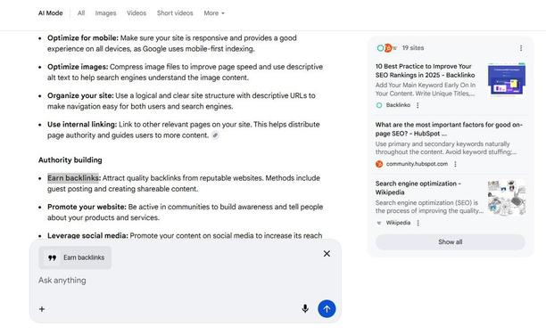 Google AI Mode with the ability to select text from the answer to do follow up