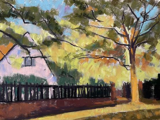 Soft pastel painting of a house, tree and illuminated foliage