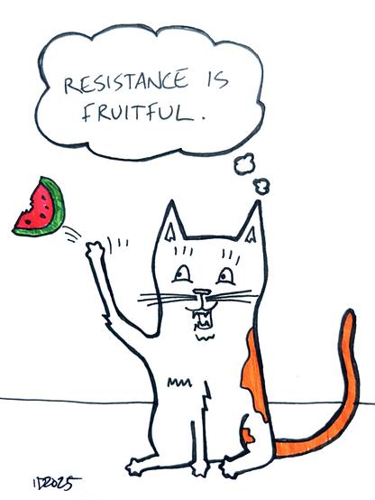 a cat with orange spots throws a watermelon slice through the air and thinks "resistance is fruitful."