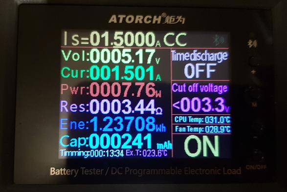 the screen of an Atorch DL24(M?) DC electronic load: that little DC-DC regulator gets quite warm - 1.5A at 5V seem to be reliable conditions without thermal shutdown - certainly more than plenty for the intended application