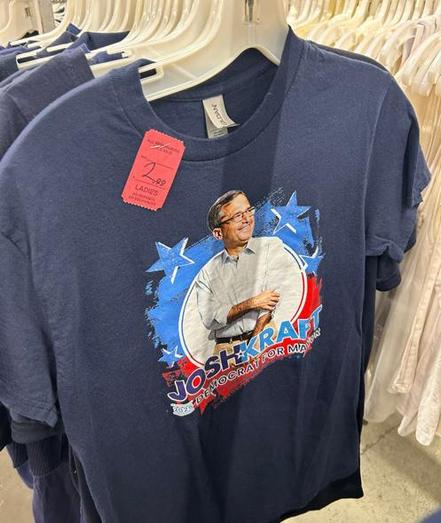 Josh Kraft Democrat for Mayor tees, just $2.99 each; photo by Rev. Laura Everett.